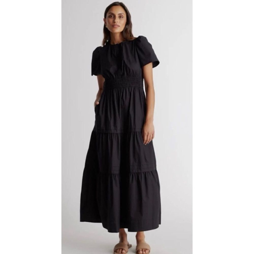 QUINCE 100% Organic Cotton Poplin Tiered Maxi Dress in Black - Size L ~ NWT